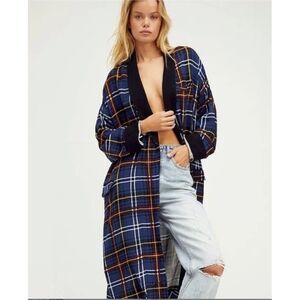 Free People Navy Plaid Long Kimono Coat with Black Trim